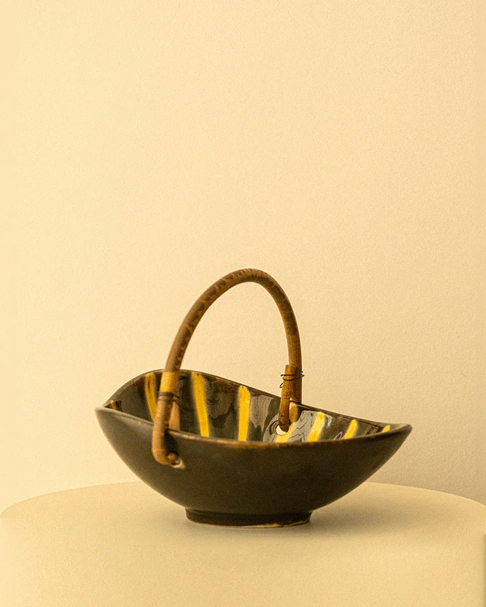 Mid-Century Bowl with Rattan Handle