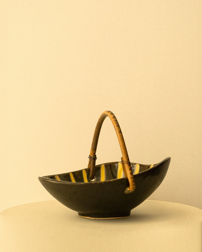 Mid-Century Bowl with Rattan Handle