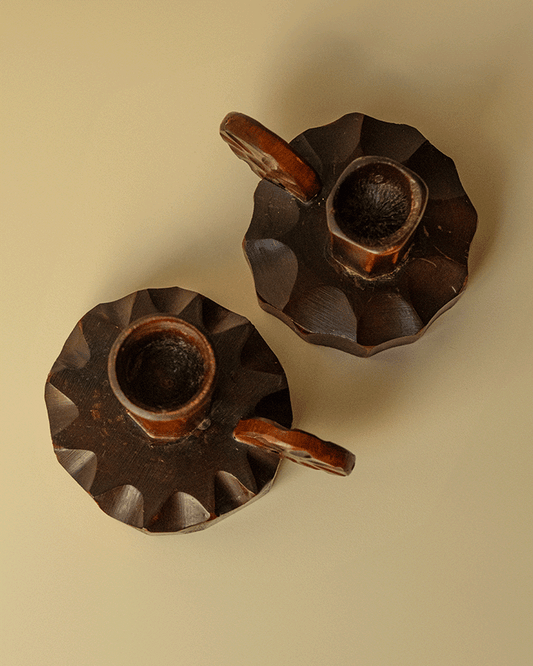 Pair of Brutalist Carved Wooden Candlesticks
