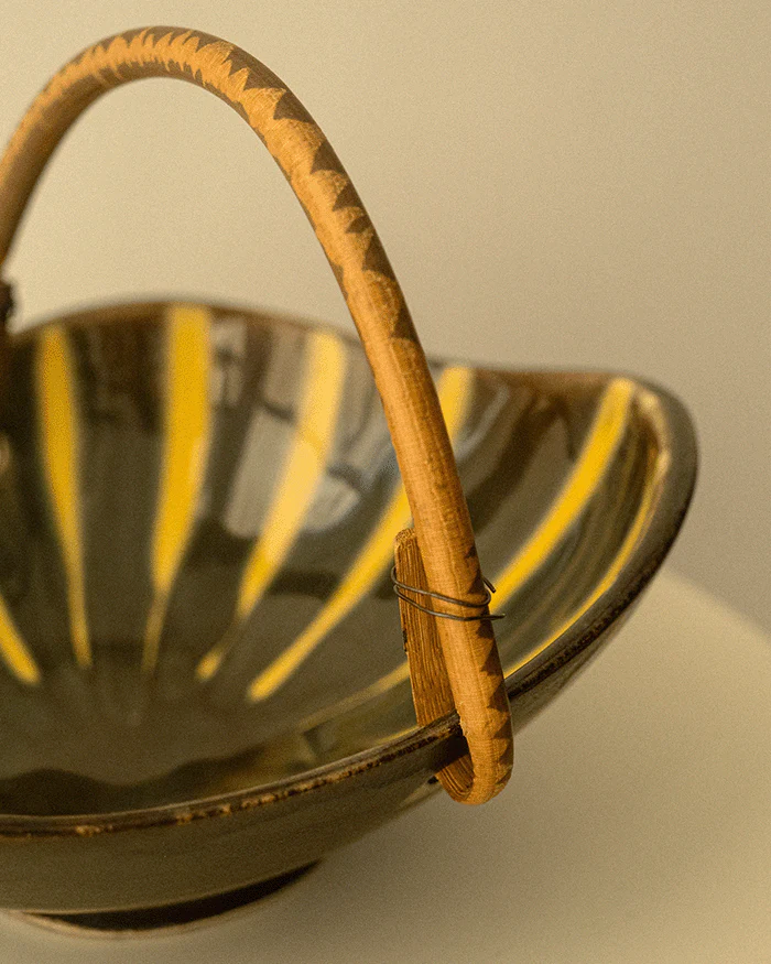 Mid-Century Bowl with Rattan Handle