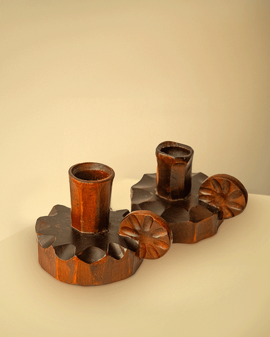 Pair of Brutalist Carved Wooden Candlesticks