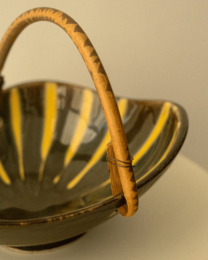 Mid-Century Bowl with Rattan Handle
